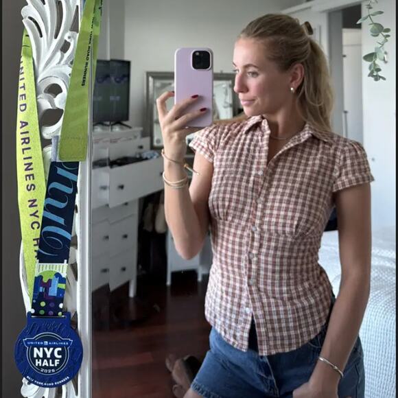 Lioness Brown Gingham Button Up Top XS Tailored Picnic Plaid Cottage Preppy $59 - Picture 6 of 13